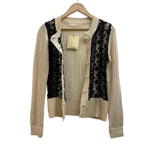 A’reve NWT Lace Overlay Cardigan | Cream Knit w/ Black Crochet Lace, Size Small - Picture 4 of 10